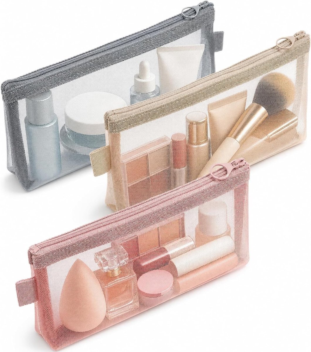 Set van 3 Transparante Mesh Make-up Tassen voor Reis en Dagelijks Gebruik, Lichtgewicht en Ademend, Ideaal voor Organisatie en Opslag in Roze, Grijs en Beige