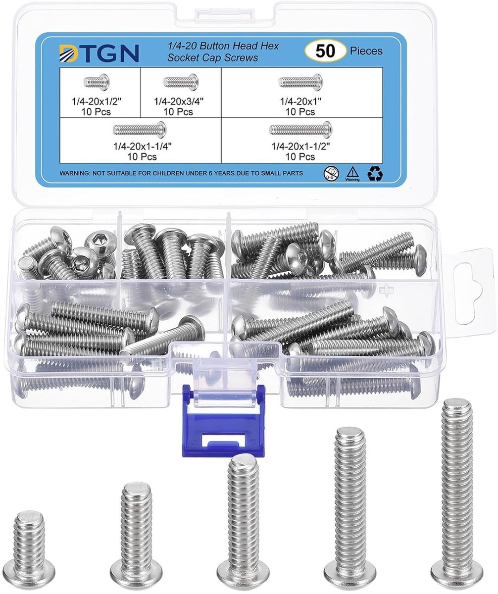 100 stuks 1/4"-20 Hex Head Schroeven Set met Ronde Kop en Vlakke Montage - 1/2", 3/4", 1", 1-1/4", 1-1/2" Roestvrij Staal 304 UNC Draad, Perfect voor Mobiele Machine Reparaties en Klussen