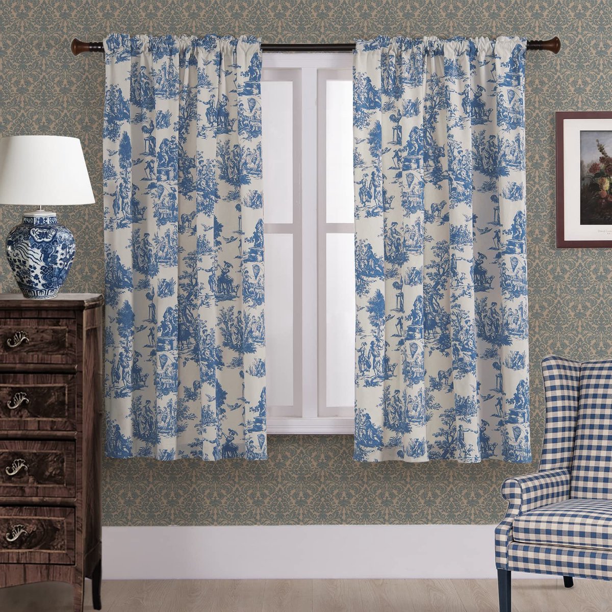 SnelShoppen - Blauwe Gordijnen 160 cm - 2 Panelen Lichtfilterend - Verduisterend Katoen met Pure Bloemen Print - Ideaal voor Woonkamer en Slaapkamer