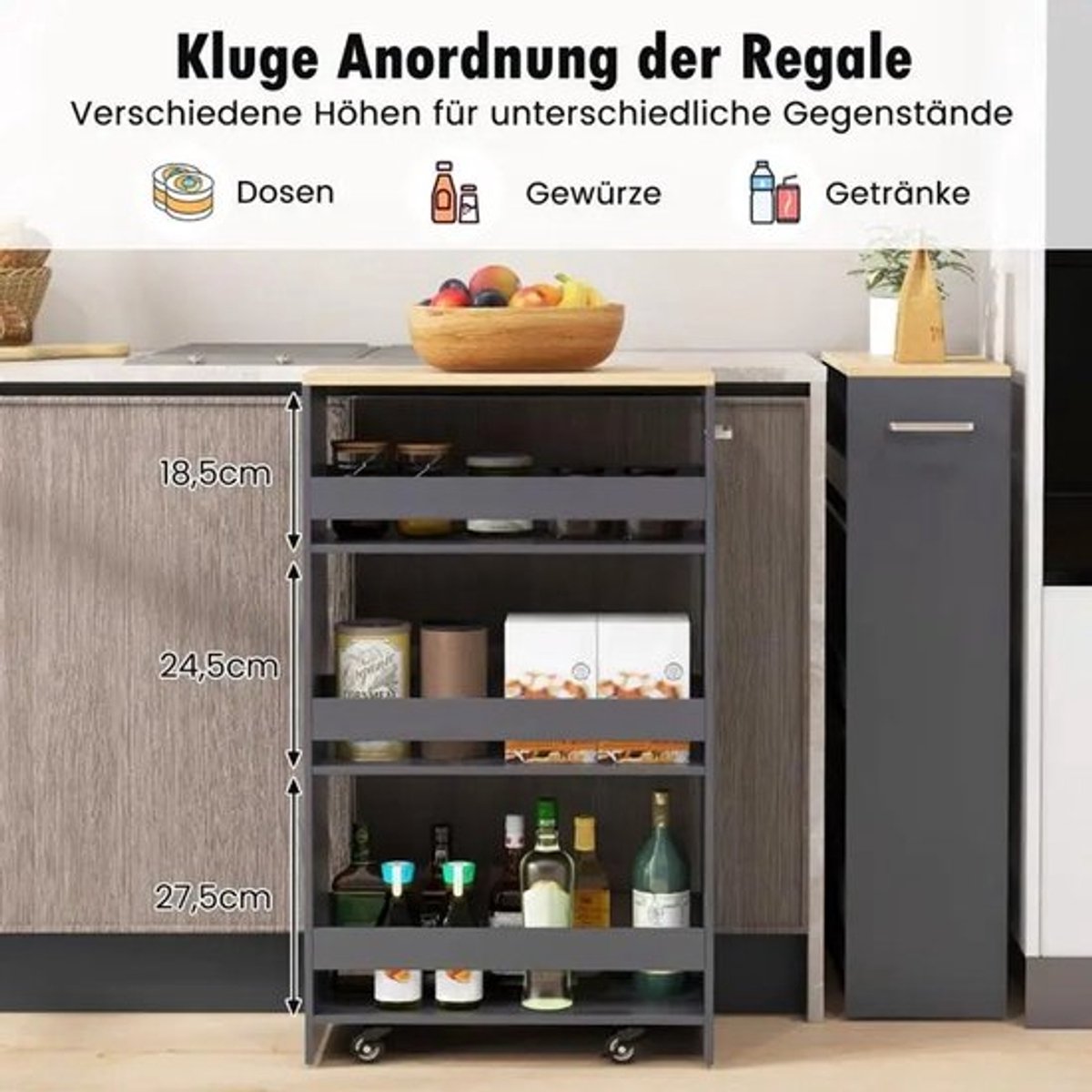 4-laags uittrekbare keukenkar, 20 cm smalle trolley met wielen en open planken grijs