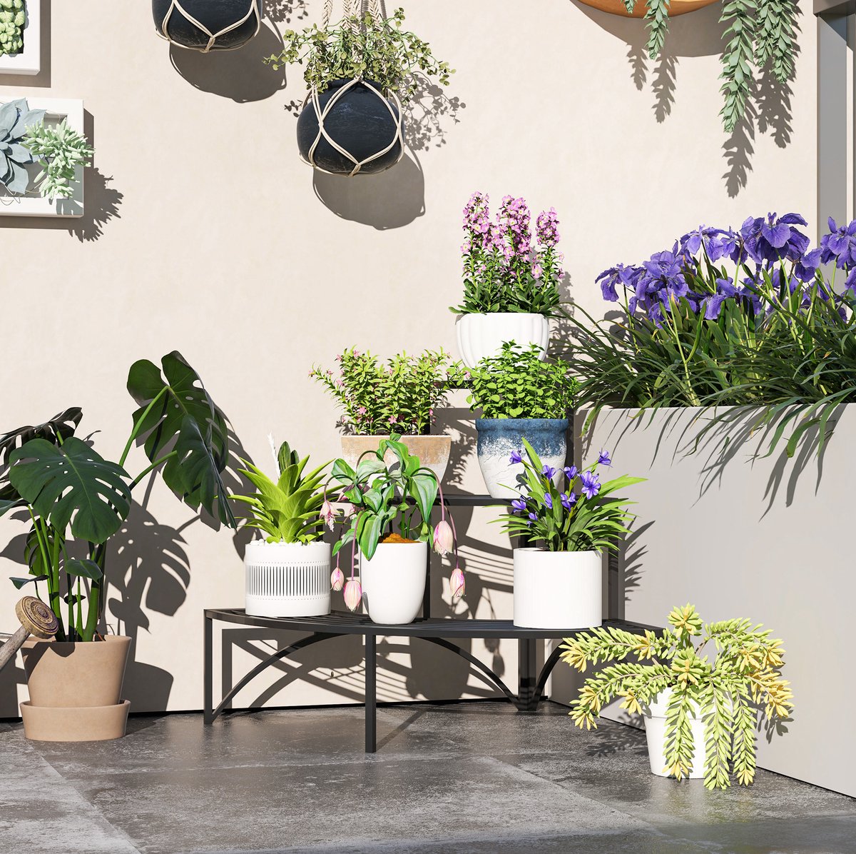 HAUSS SPOLE Plantenrek – 3 Etages Hoekontwerp – 87 x 60 x 60 cm – Metaal – Zwart – Voor Binnen En Buiten – Ruimtebesparend