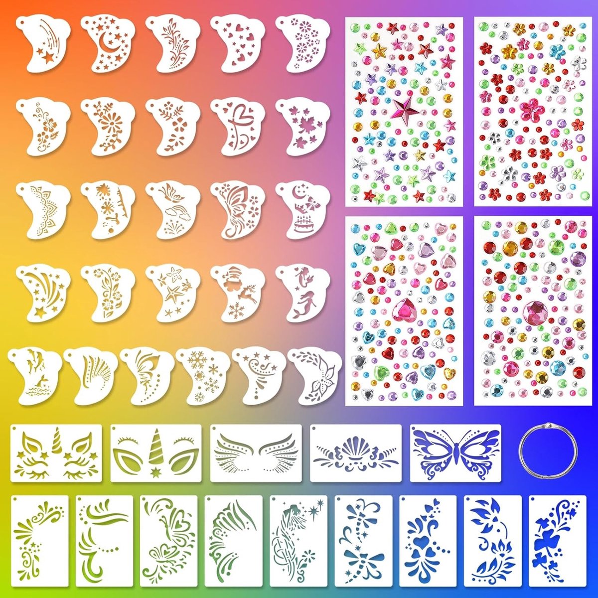 Herbruikbare tattoo-sjablonen en strass-gezichtsstickerset voor carnaval, Halloween en feestjes - 40 stuks sjablonen en 4 vellen voor creatieve make-up en body art