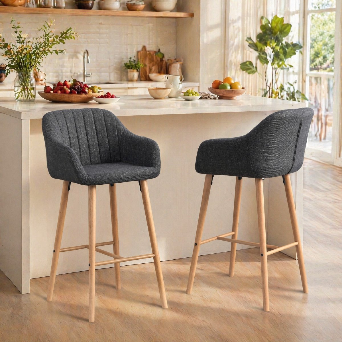 COVREO Barkruk 58,5x55x104 cm – zwart, stoffen zitting, met rugleuning en armleuningen