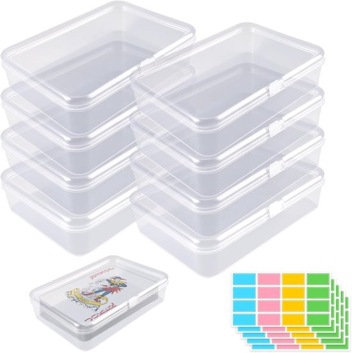 SnelShoppen - 8 Stuks Speelkaarten Opbergdoos, Transparante Lege Kaartdoos met Deksel, Inclusief 160 Kleurrijke Labels, Heldere Plastic Kaartdeckdoos