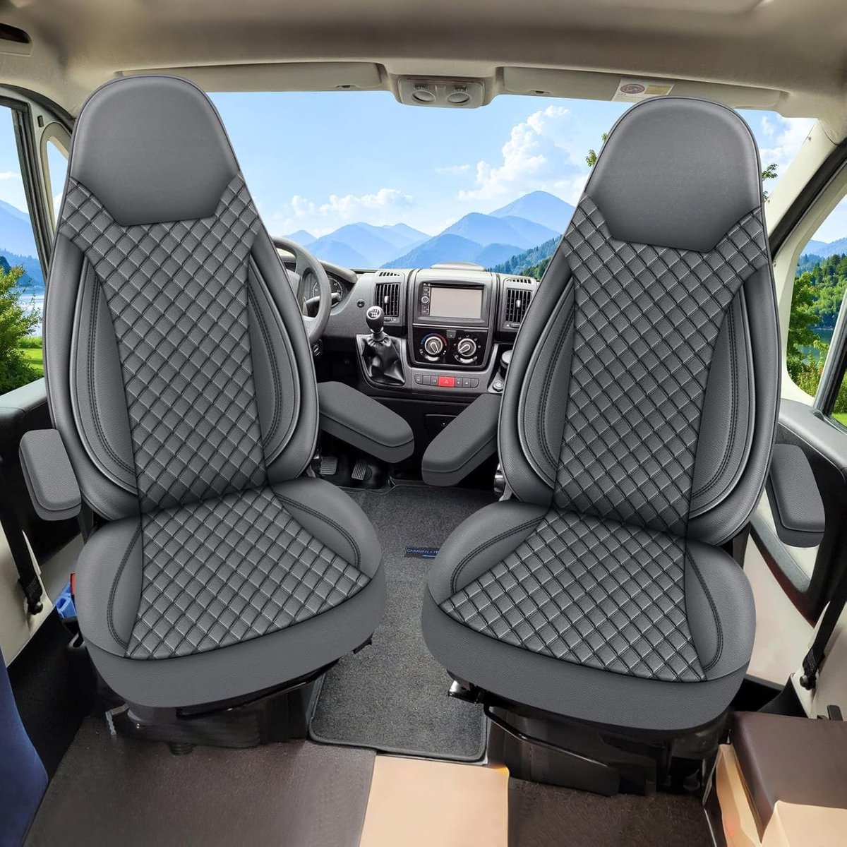 Hoes voor Camperstoelen voor FIAT Ducato, Citroen Jumper, Peugeot Boxer | Leren Stoelhoezen voor Voorstoelen, Donkergrijs, Bescherming en Comfort