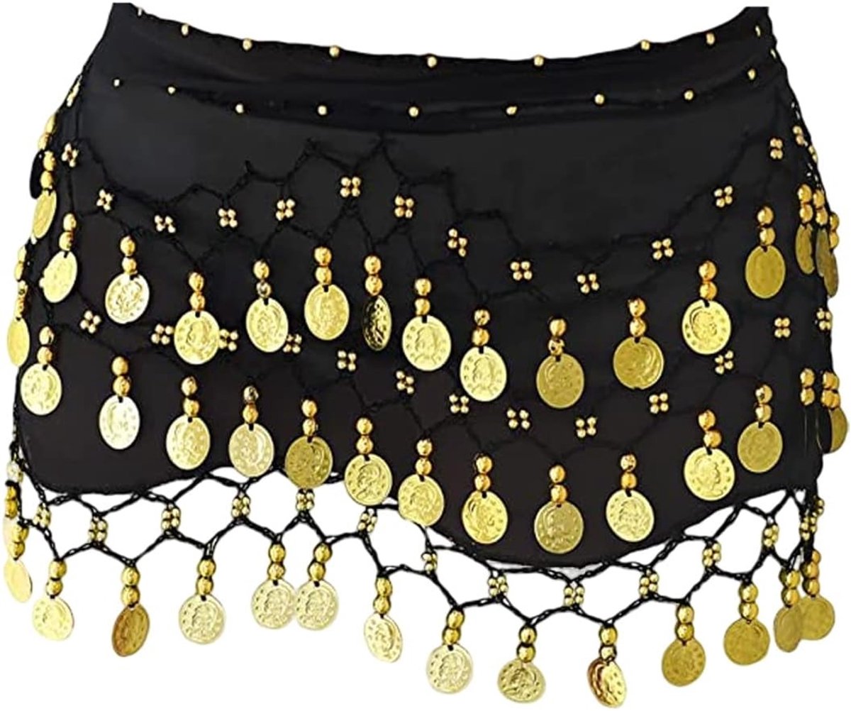 Heupdoek voor Buikdans met Dangle Gouden Munten voor Performances, Yoga en Dans, Zwart, One Size