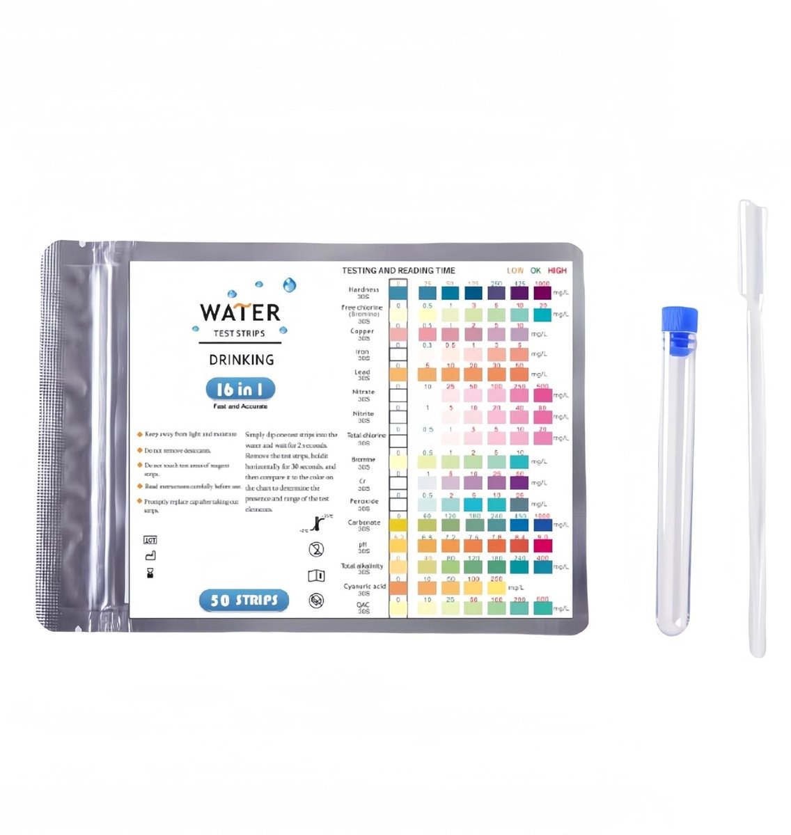 Set van 50 Water Test Strips - 16 Parameters voor Drinkwater, Zwembad, Spa en Aquarium - Test Hardheid, Lood, Ijzer, Koper, pH en Chloor