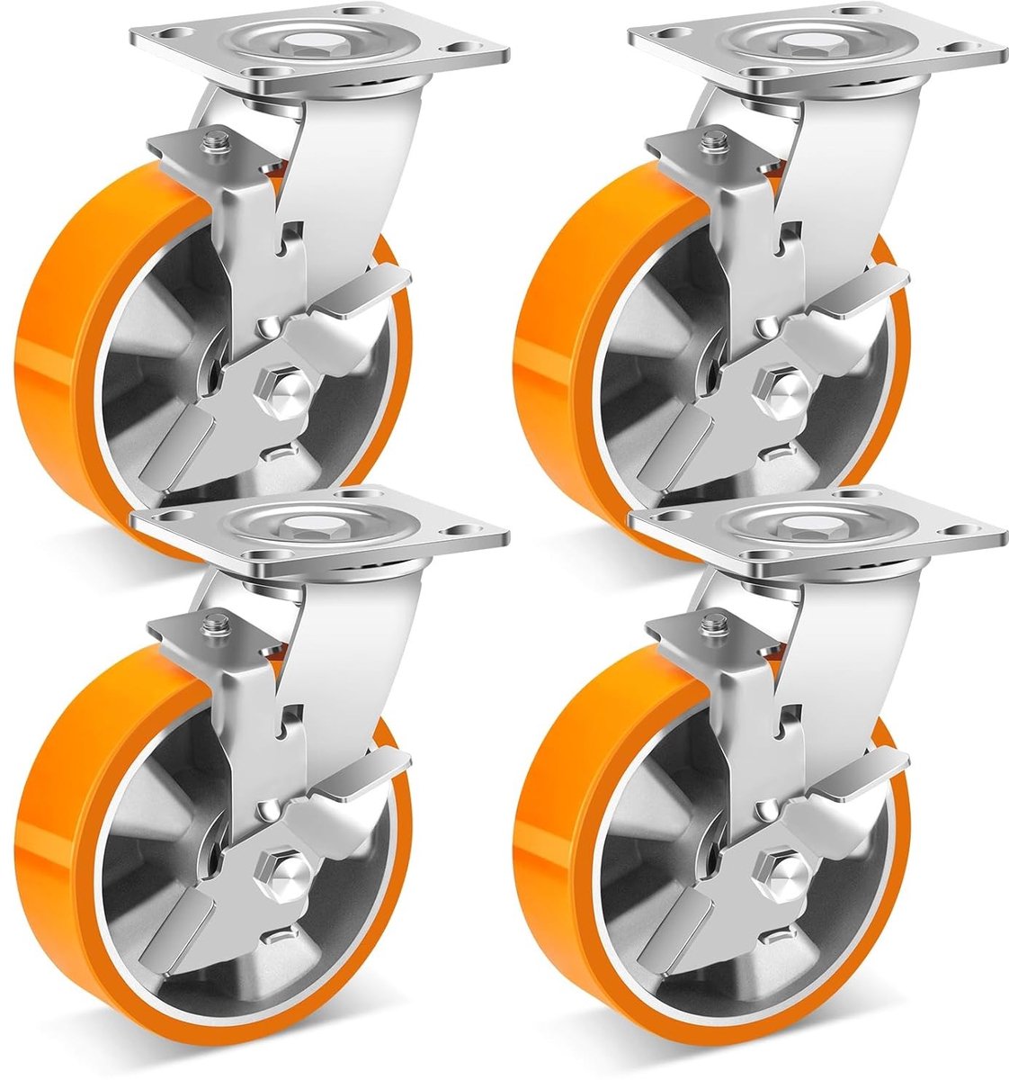 Zware 6 inch industriële wielen met zijklep, 5000 lb draagvermogen, polyurethaan wielen voor machines, set van 4