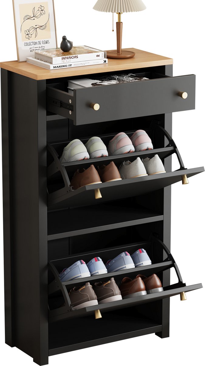MODFU Schoenenkast - Staand Rek - 1 Lade - 2 Kleppen - Verstelbare Planken - Zwart/Houtlook - 50x24x95 cm - voor Hal & Entree