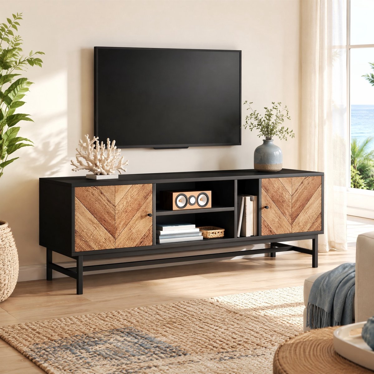 COVREO Tv meubel 150 x 38 x 50,5 cm – zwart en houtlook, met open en dichte vakken