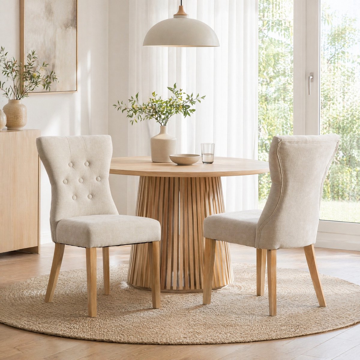 MEUNIQ Eetkamerstoel set van 2 beige chenille met hoge rugleuning, gewatteerde zitting, houten poten en siernagels voor eetkamer, woonkamer of appartement
