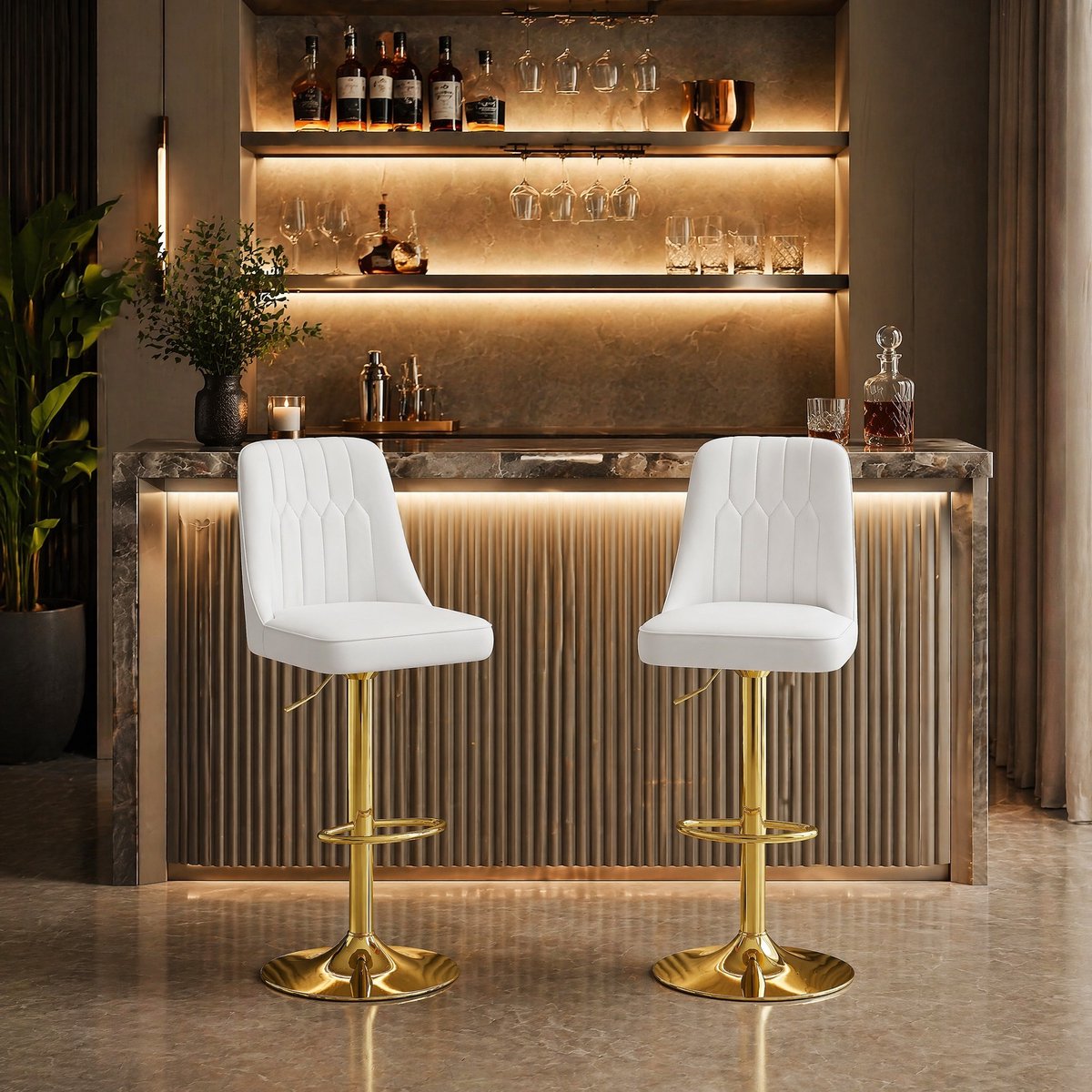 MEUNIQ Barkruk set van 2 hoogteverstelbaar 95,5-117,5 cm, 360° draaibaar met rugleuning, kunstleren zitting en gouden metalen voet, voor keukeninsel en bar Wit