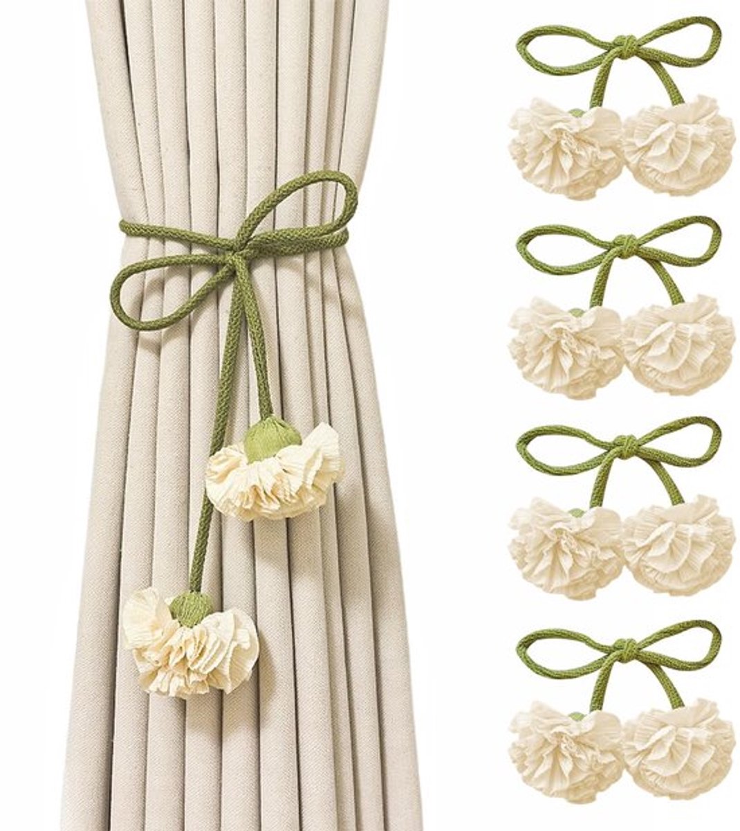 Gordijnhouders - 4 Stuks - Katoen - Decoratieve Bloemmotiehouders - Boheemse Gordijnhouders - Totale Lengte 110 cm - Eenvoudig Design - Gordijnbanden