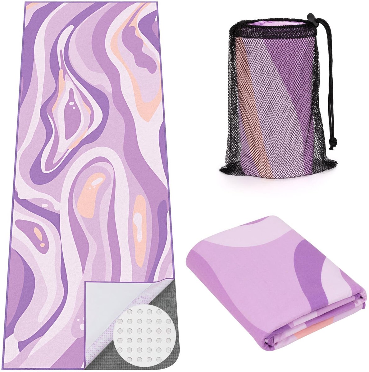 SnelShoppen - Yogamat handdoek met grote hoekzakken, antislip grip microvezel mat voor hot yoga, pilates en gym workout, 188 x 66 cm, paars