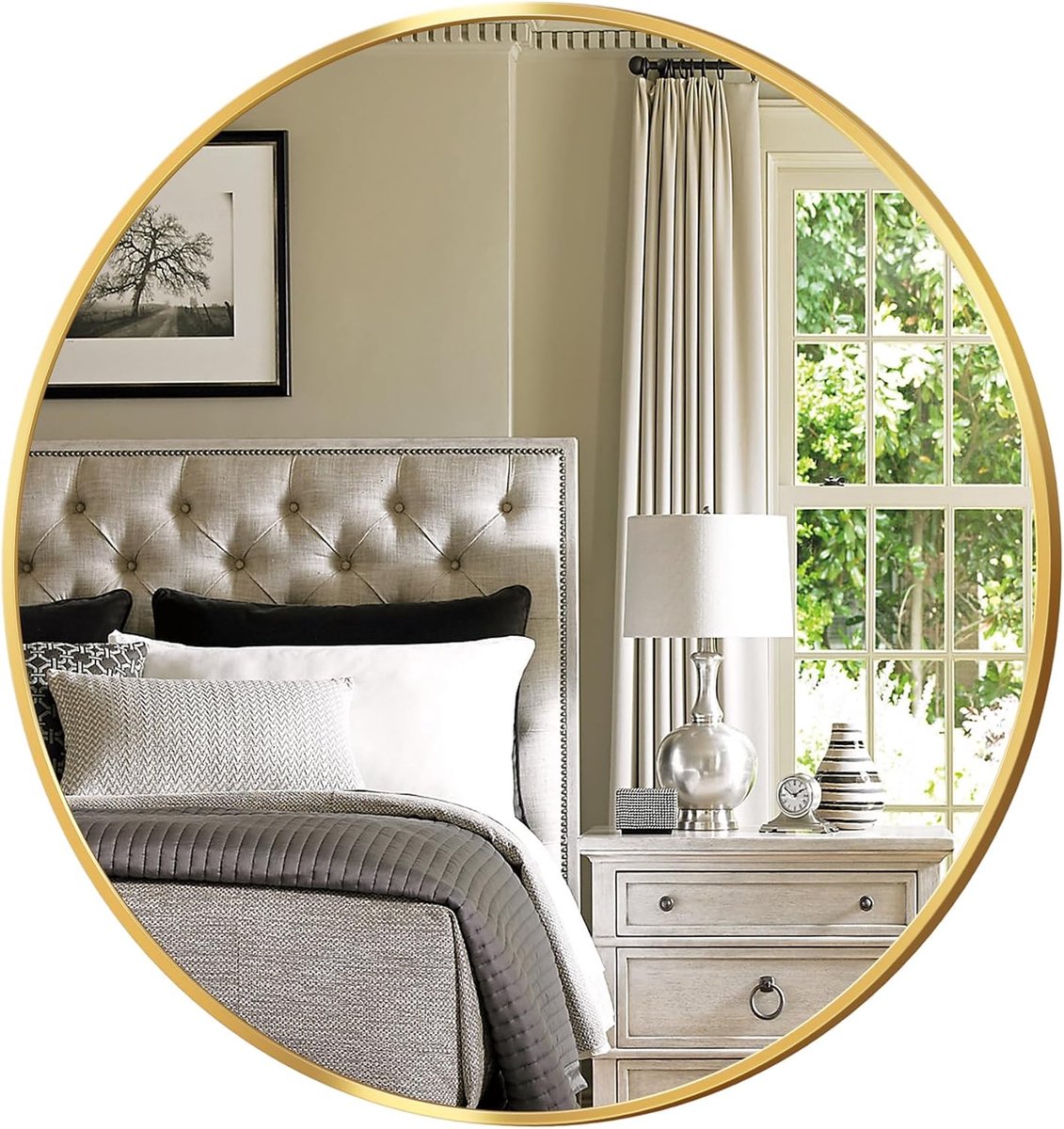SnelShoppen - Ronde Spiegel 62 cm - Gouden Decoratieve Wandspiegel voor Badkamer, Ijdelheid, Woonkamer, Entree - Hangend of Leunend - Aluminium Frame