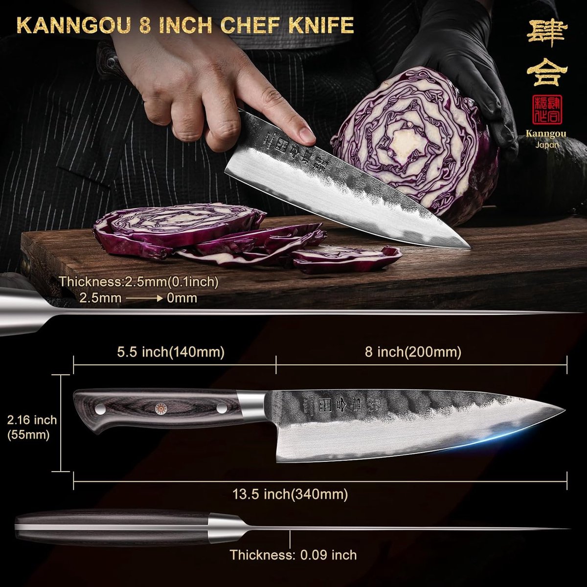 SnelShoppen - Koksmes 20 cm, Japans Keukenmes, Zwart, Gesmeed AUS-8 Roestvrij Staal, Full Tang Pakkawood Handgreep, Chef-koksmes in Premium Box voor T