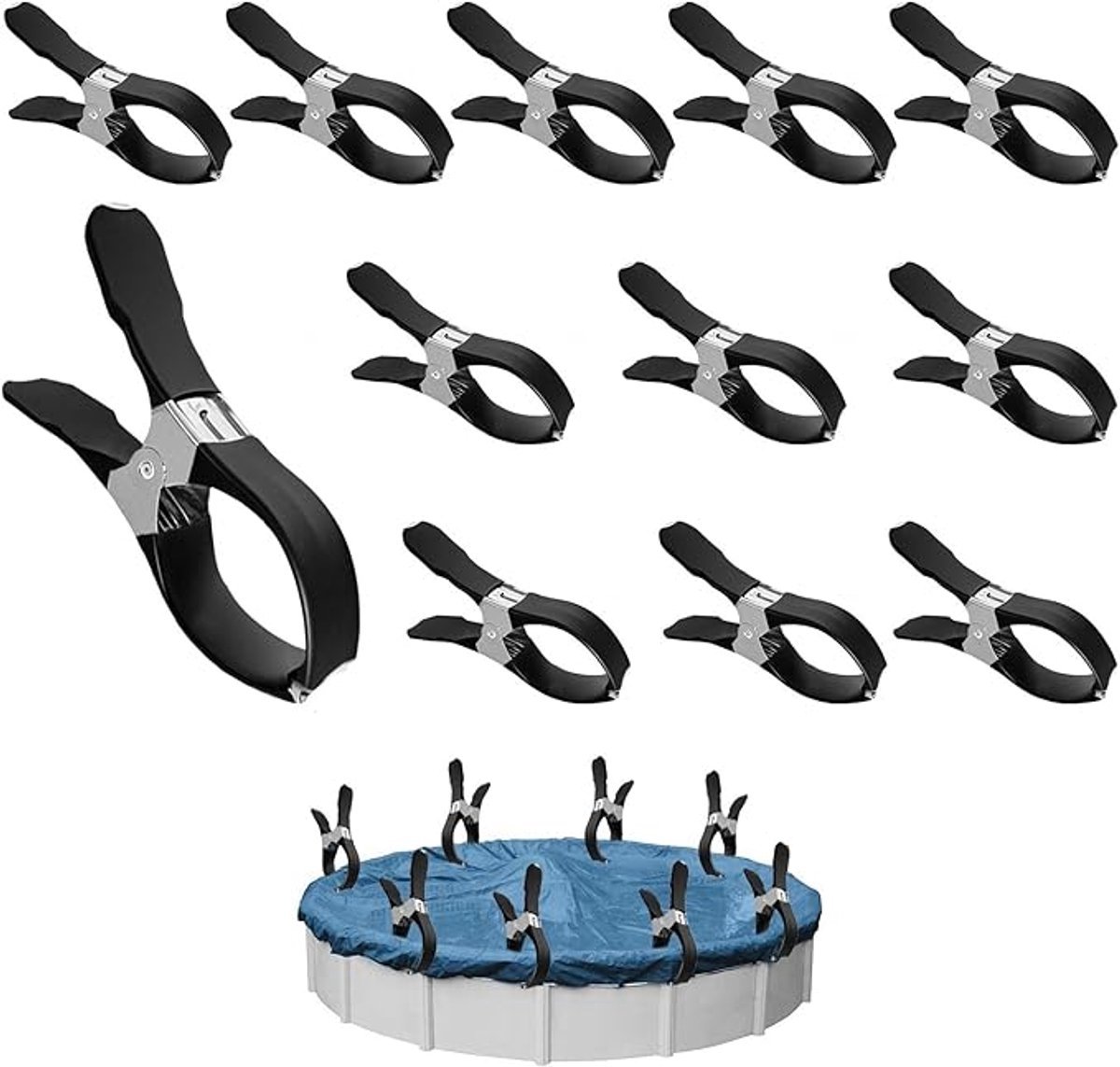12 Stuks - Grote Roestvrijstalen Wasknijpers - Clips Voor Zwembadafdekkingen - Dekzeil Klemmen - Kledingclips Van Metaal - Geschikt Voor Het Drogen Van Dekbedden, Sokken, Kleding En Zwembadafdekkingen - Zwart