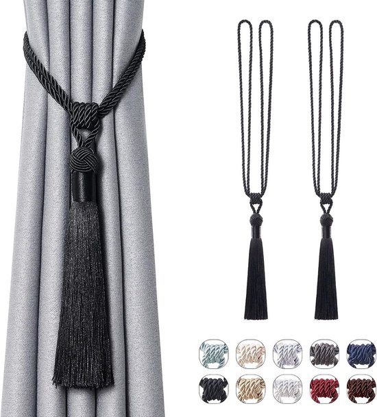Deux embrasses de rideaux noires avec glands, à côté d'une palette de couleurs disponibles.