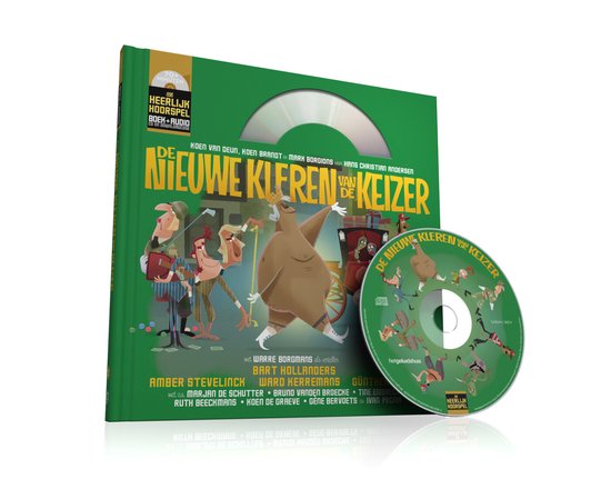 Boek en CD van 'De nieuwe kleren van de keizer' met een illustratie van de keizer en zijn gevolg.