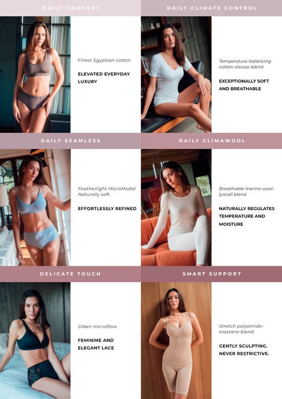 Collage de sous-vêtements Falke pour femmes : Daily Comfort, Daily Climate Control, Daily Seamless, Daily Climawool, Delicate Touch, Smart Support.