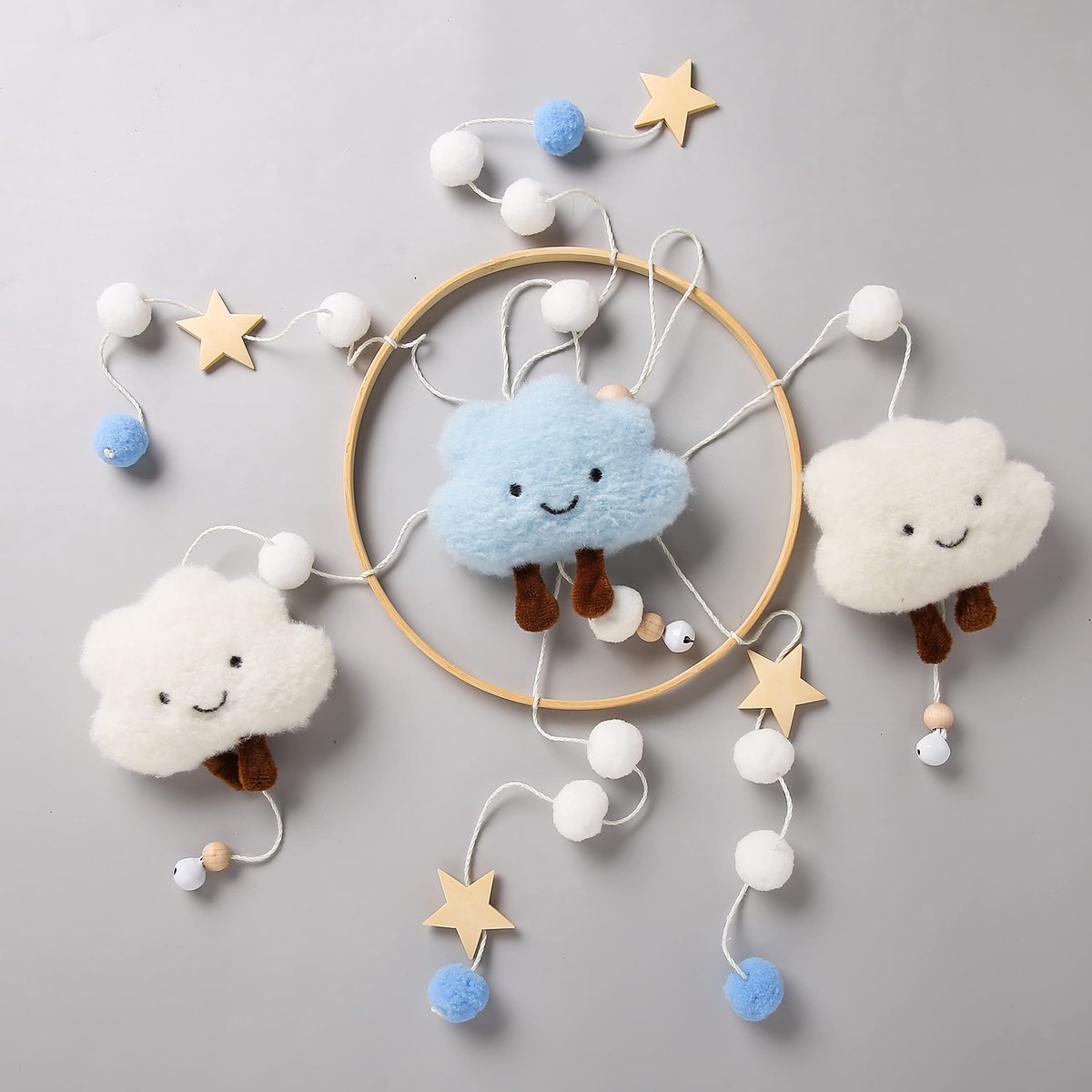 SnelShoppen - Promise Babe Mobiel Baby Windklokkenspel met Vilten Ballen, Sterren, Houten Bedbel Hanger voor Babykamer, Blauw, Geschikt voor Jongens e