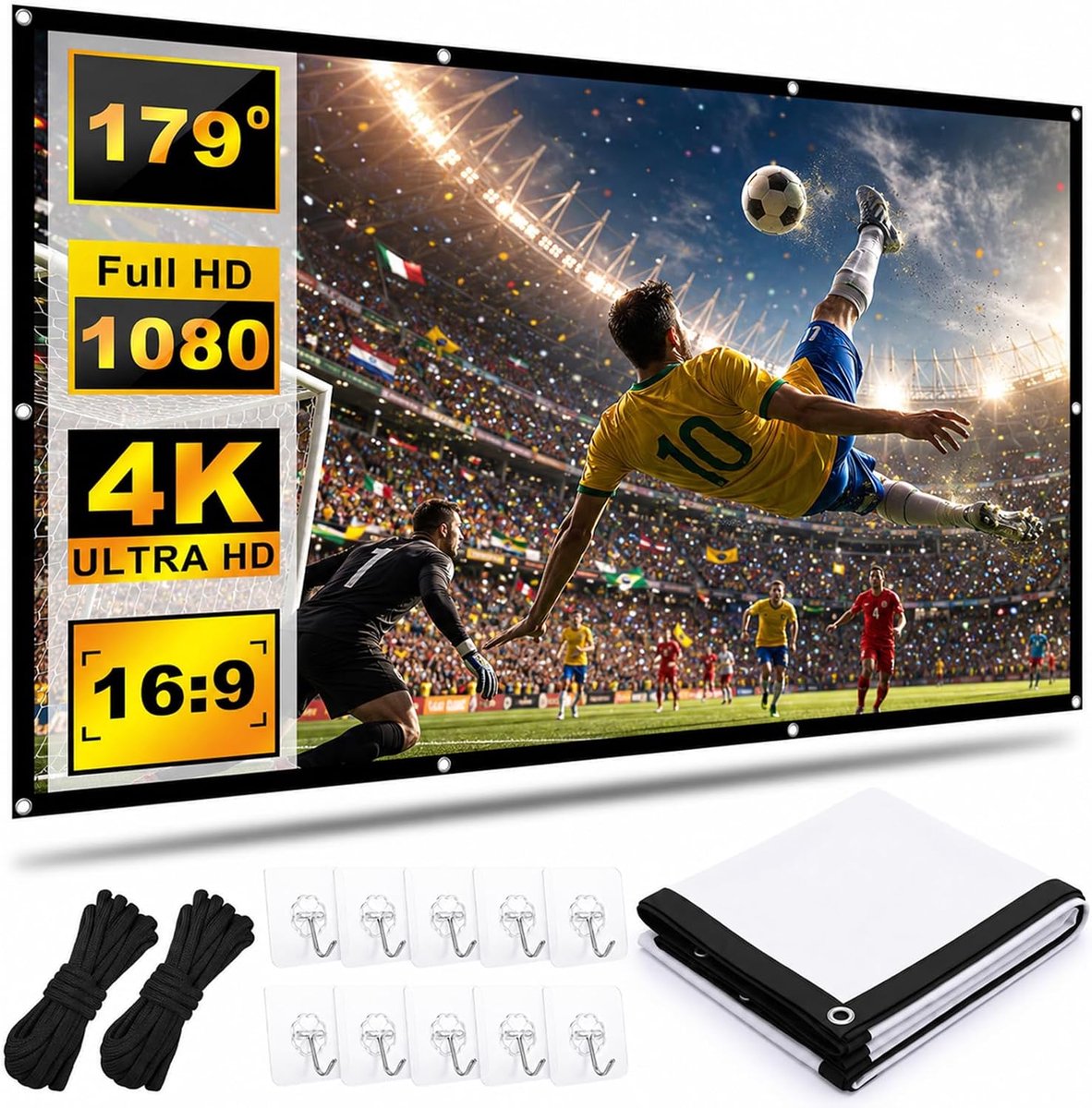 SnelShoppen - Canvas Beamer 100 inch, 16:9 HD Opvouwbaar Beamer Canvas (221x125cm) voor Feesten, Camping, Tuin en Kinderen