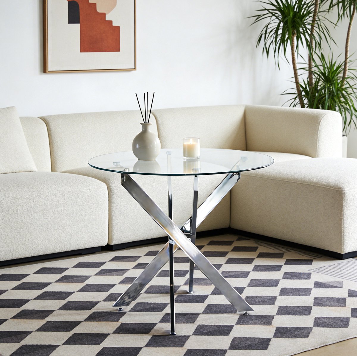 MEUNIQ ronde eettafel 80 cm met glazen tafelblad en metalen kruisframe, modern design voor keuken of woonkamer in zilver