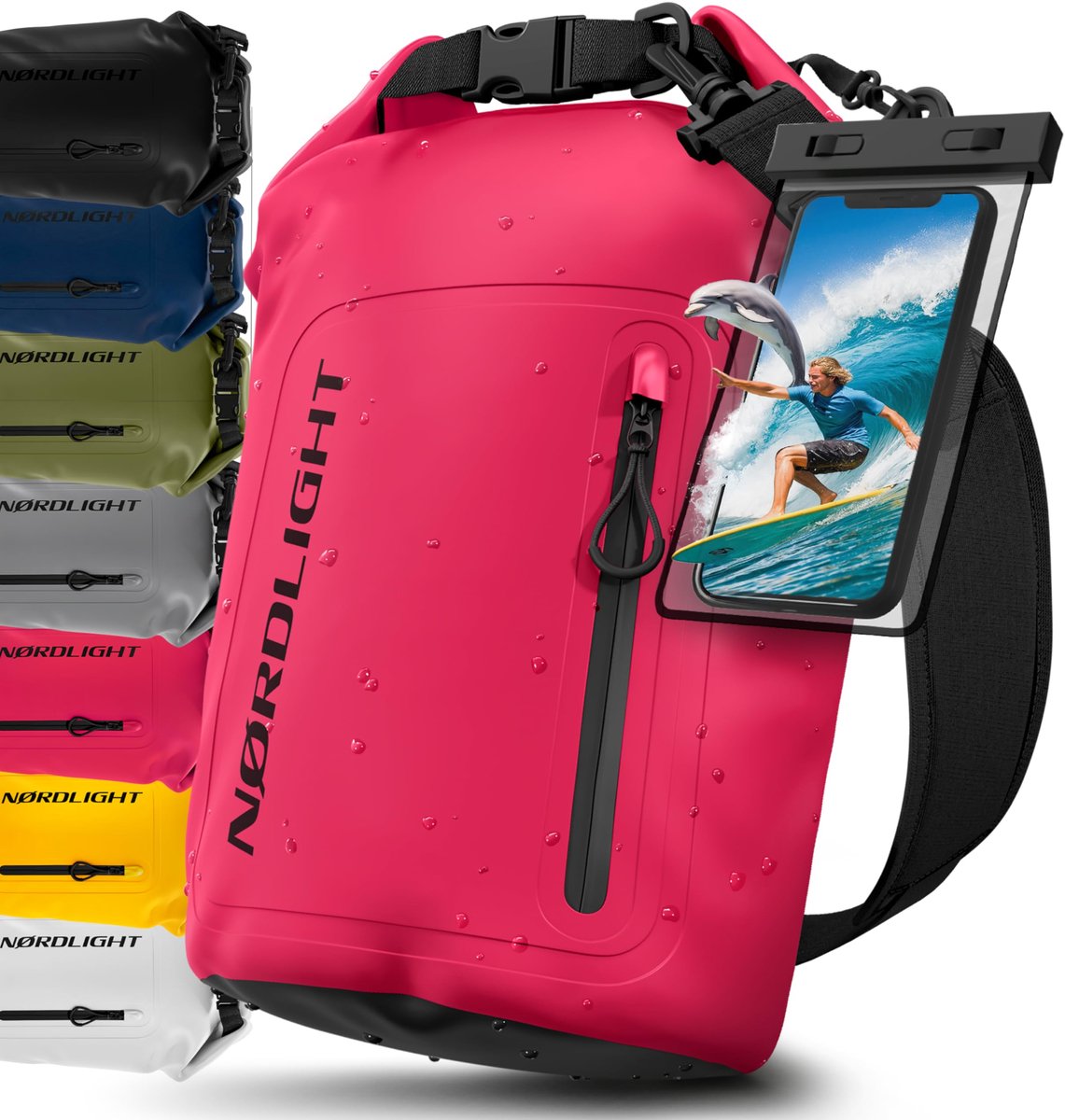 SnelShoppen - Waterdichte Dry Bag 20 Liter met Telefoonhoes | Roll-Top Schoudertas voor Strand, Zwemmen, SUP en Kanoën - Roze