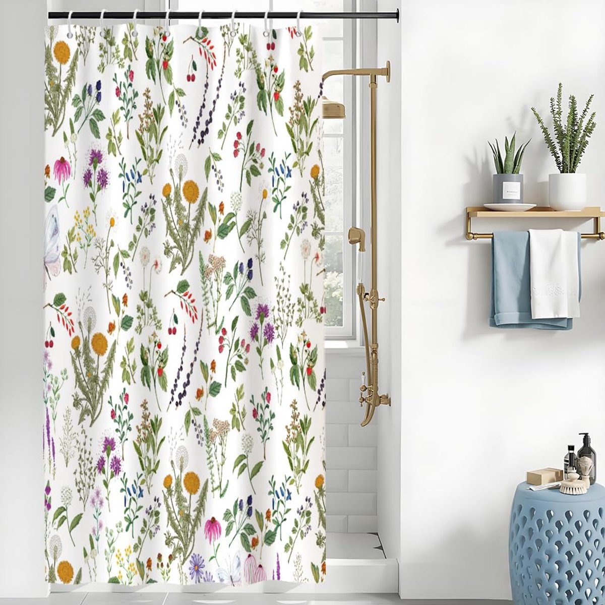 SnelShoppen - Uiiooazy Douchegordijn Vintage Bloemen Groen Bladerenmotief 120 x 200 cm - Waterdicht, Anti-Schimmel, Wasbaar, Ondoorzichtig Badgordijn