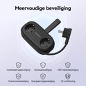 Zwarte stekkerdoos met 2 stopcontacten, beschermd tegen overbelasting, kortsluiting, overstroom en overspanning. 750°C brandbeveiliging, CE-gecertificeerd.