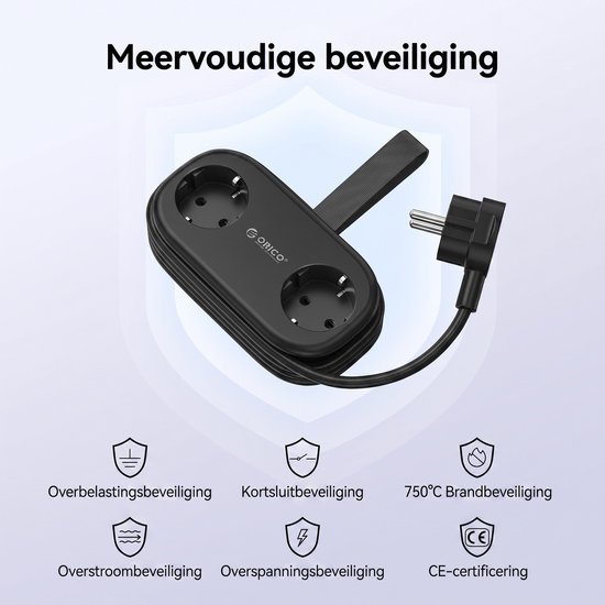 Zwarte stekkerdoos met 2 stopcontacten, beschermd tegen overbelasting, kortsluiting, overstroom en overspanning. 750°C brandbeveiliging, CE-gecertificeerd.