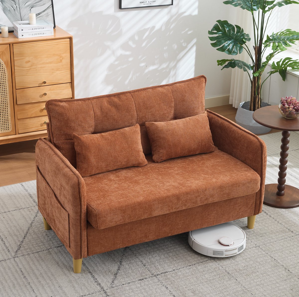 REDOM - Zitbank - 2-zits met armleuningen - Zijvakken voor opbergruimte - Houten frame - Moderne stijl - Woonkamer - Chenille en hout - Bruin - 127 x 75,5 x 83 cm