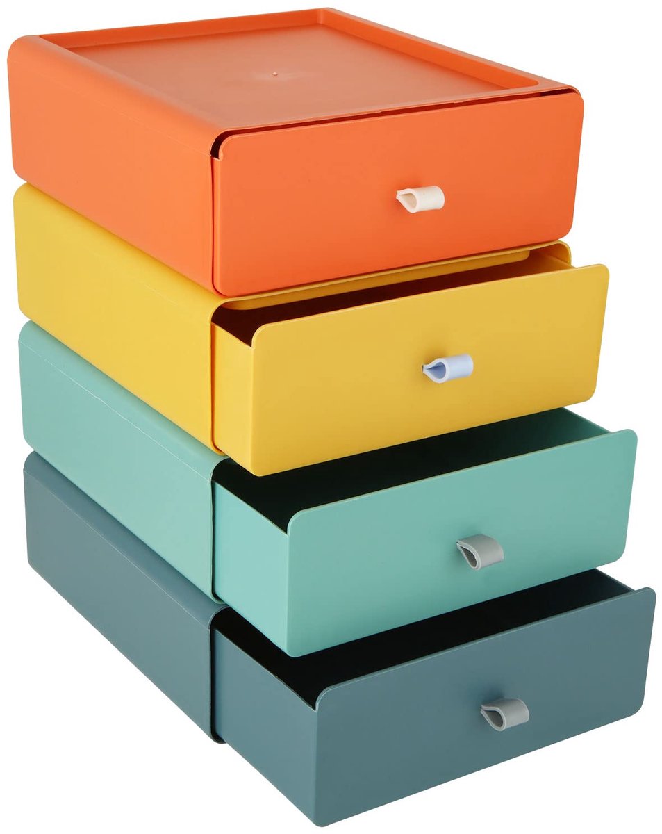 SnelShoppen - 4 Stapelbare Ladeboxen - Opbergdozen met Laden - Plastic Ladeboxen voor Kantoor, Cosmetica en Bureau - 20,5 x 19,5 x 7,3 cm - Verkrijgba