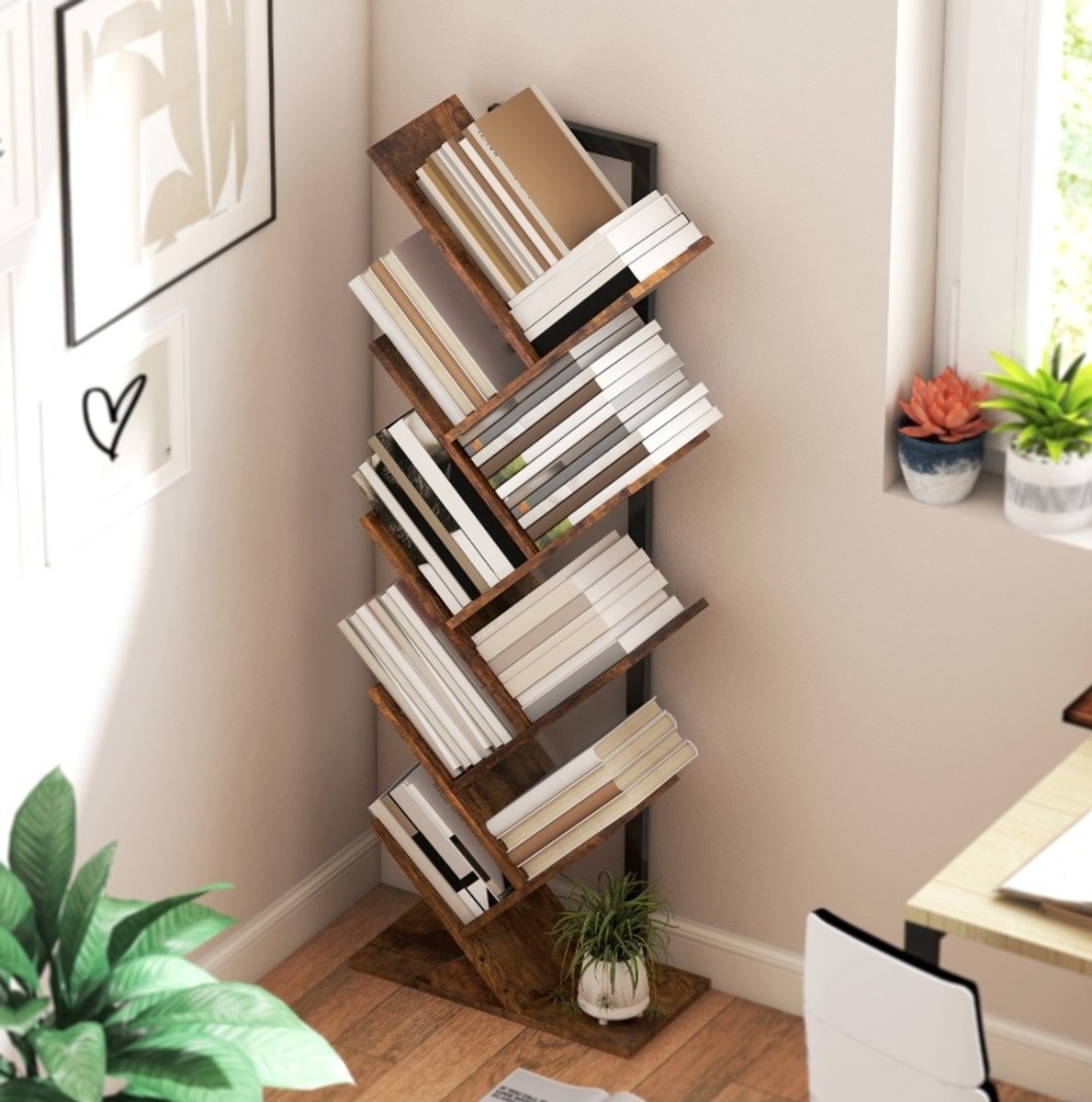 HAUSS SPOLE Boekenkast – Boomvormig Design – 50 x 24 x 136 cm – Hout en Staal – Rustiek Bruin – Open Opbergruimte voor Woonkamer of Kantoor