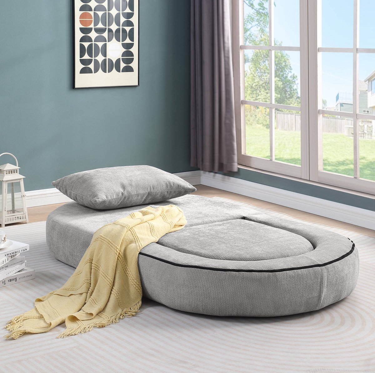 OKWISH Slaapbank 101 x 90 cm - Opvouwbare 1-Zits Futon Met Kussen En Slaapfunctie - Voor Woonkamer, Slaapkamer Of Logeerkamer - Chenille - Lichtgrijs