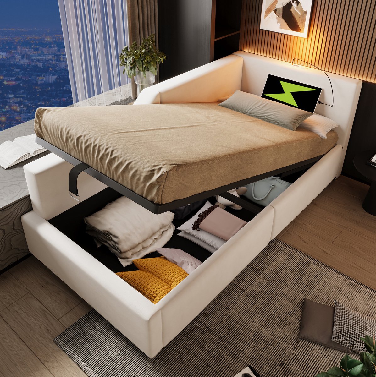 COVREO Slaapbank 90x200 cm beige, velvet, opbergruimte, zonder matras
