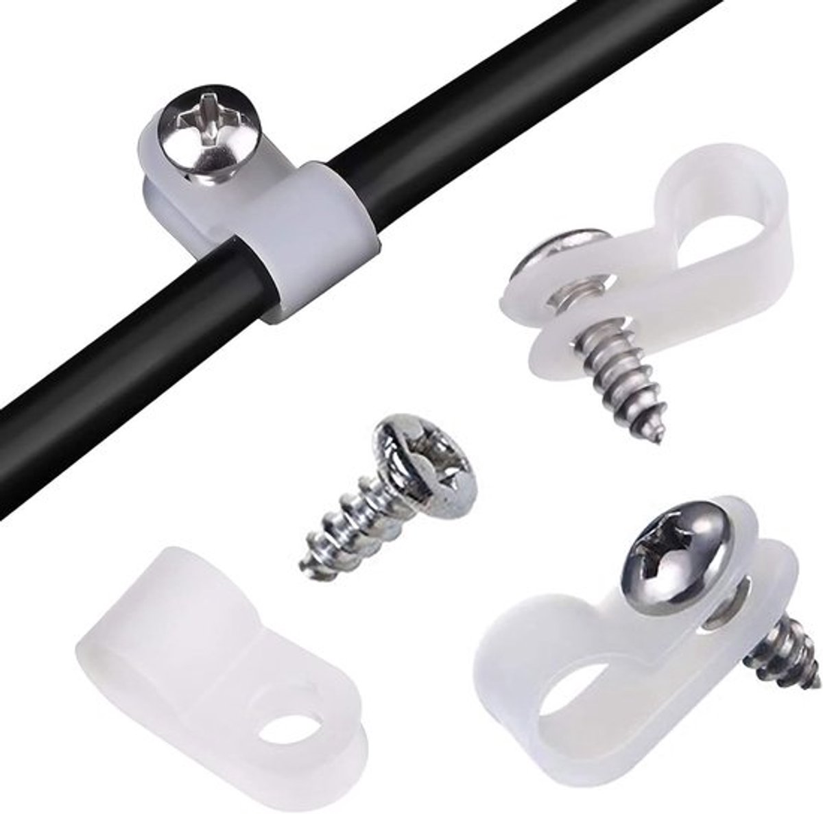 SnelShoppen - 100 Stuks Witte/Zwarte Nylon R Kabelclips met 100 Schroeven voor Kabelbeheer, Duurzaam, UV-bestendig, Voor Thuis, Kantoor, Feest en Tuin