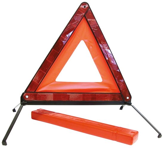 Reflecterende gevarendriehoek met oranje kunststof omranding en opbergdoos. Twee metalen poten zorgen voor stabiliteit.