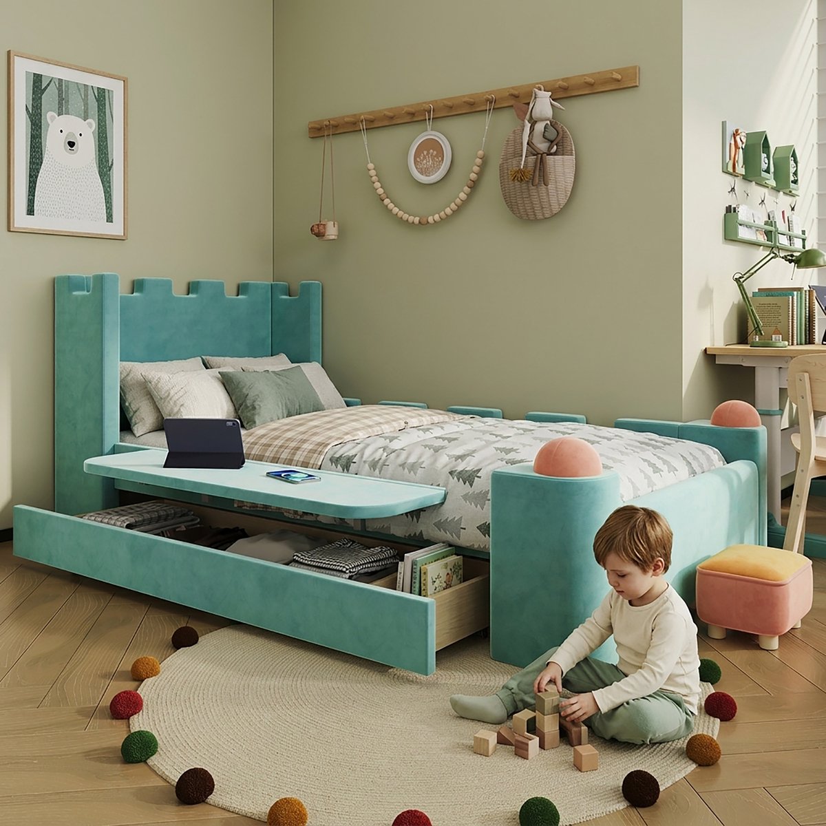 Kinderbed 90x200 cm - Gestoffeerd Bed Met Opberglade En Opklapbaar Zijrek Fluweel Groen