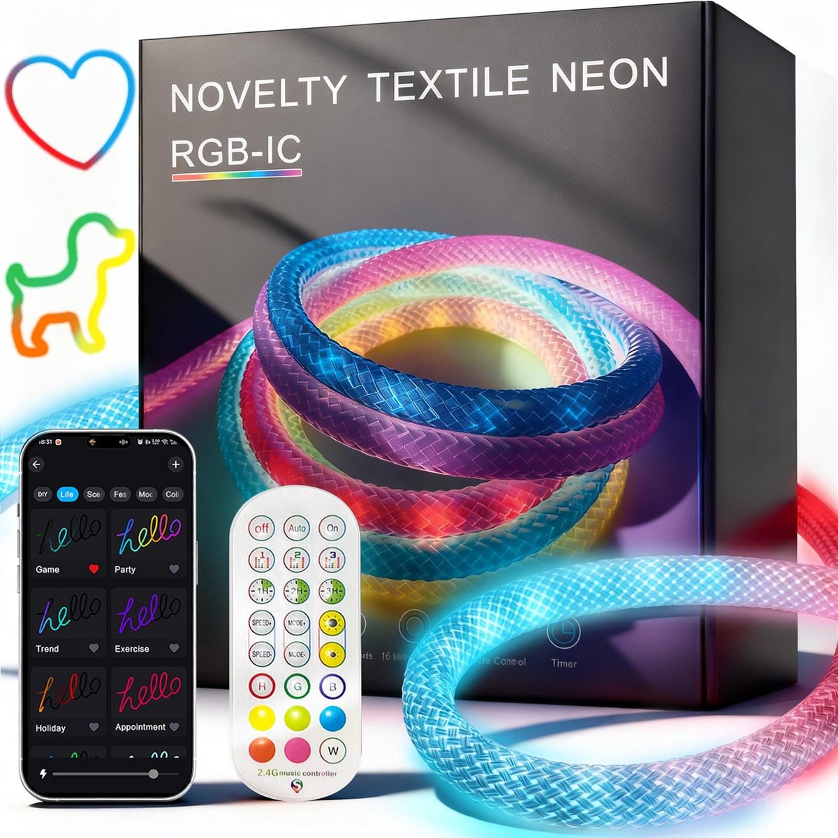 SnelShoppen - WS2811 360 Graden Ronde Neon LED Strip met Controller, RGB Nylon, Flexibel, Waterdicht, 3m LED Strip, App & Afstandsbediening, Muzieksyn