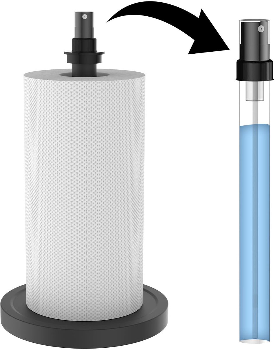 SnelShoppen - 2-in-1 Papieren Handdoekhouder met Spuitfles, Antislip Verzwaarde Basis, Eenhandige Bediening, Keuken en Badkamer Accessoire, Zwart