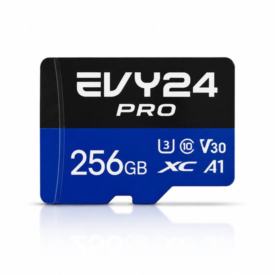 EVY24 PRO micro SD-kaart 256GB in blauw en zwart met opschrift 256GB.