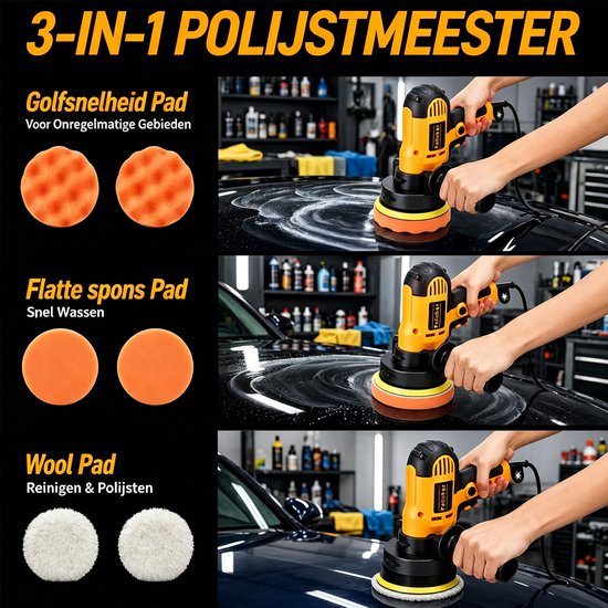 Gele polijstmachine met golfsnelheid-, platte spons- en wolpad.