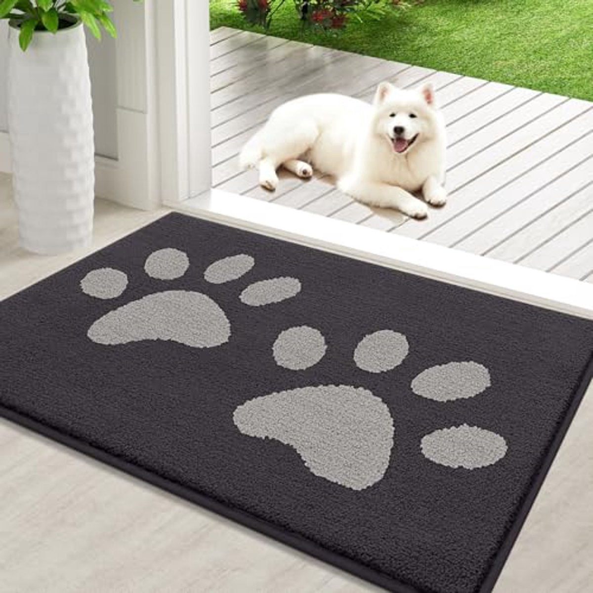 Olanly - Deurmat - Voor en achterdeurmat - Vuilafstotend en wasbaar - 60x90 cm - Donkergrijs met grijze hondenpoot