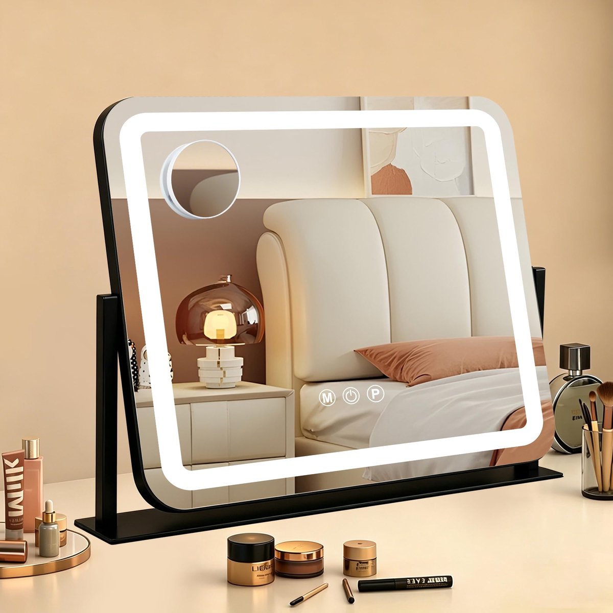SnelShoppen - Dimbare Make-upspiegel LED met 3 Lichtstanden, 54x42 cm, Zwart - Perfect voor Make-up, Verzorging en Styling