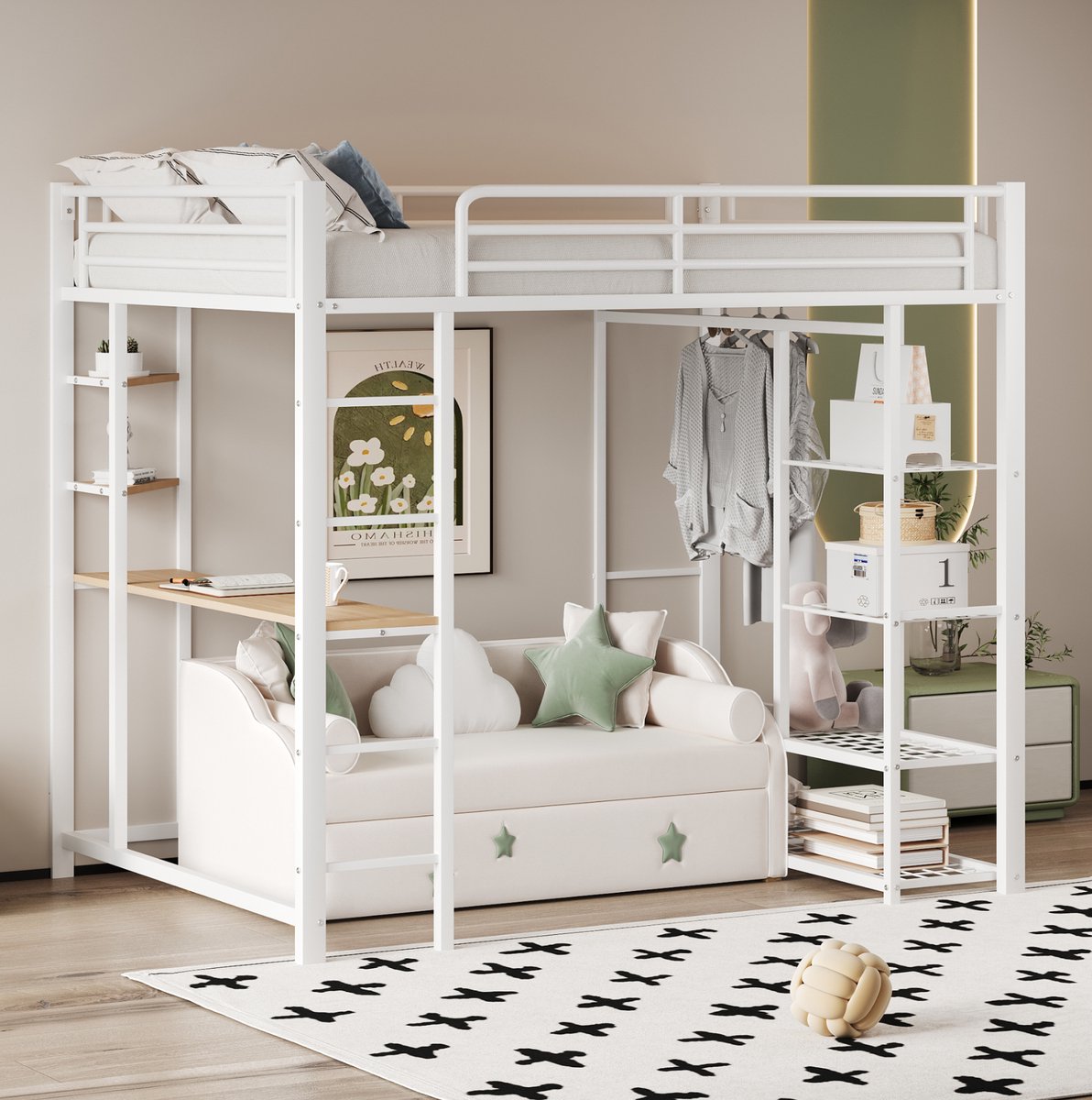 COVREO Hoogslaper met ladder en tafel – 204x95x180 cm – Bed van metaal – met opbergruimte en kleerkast – Wit - zonder matras