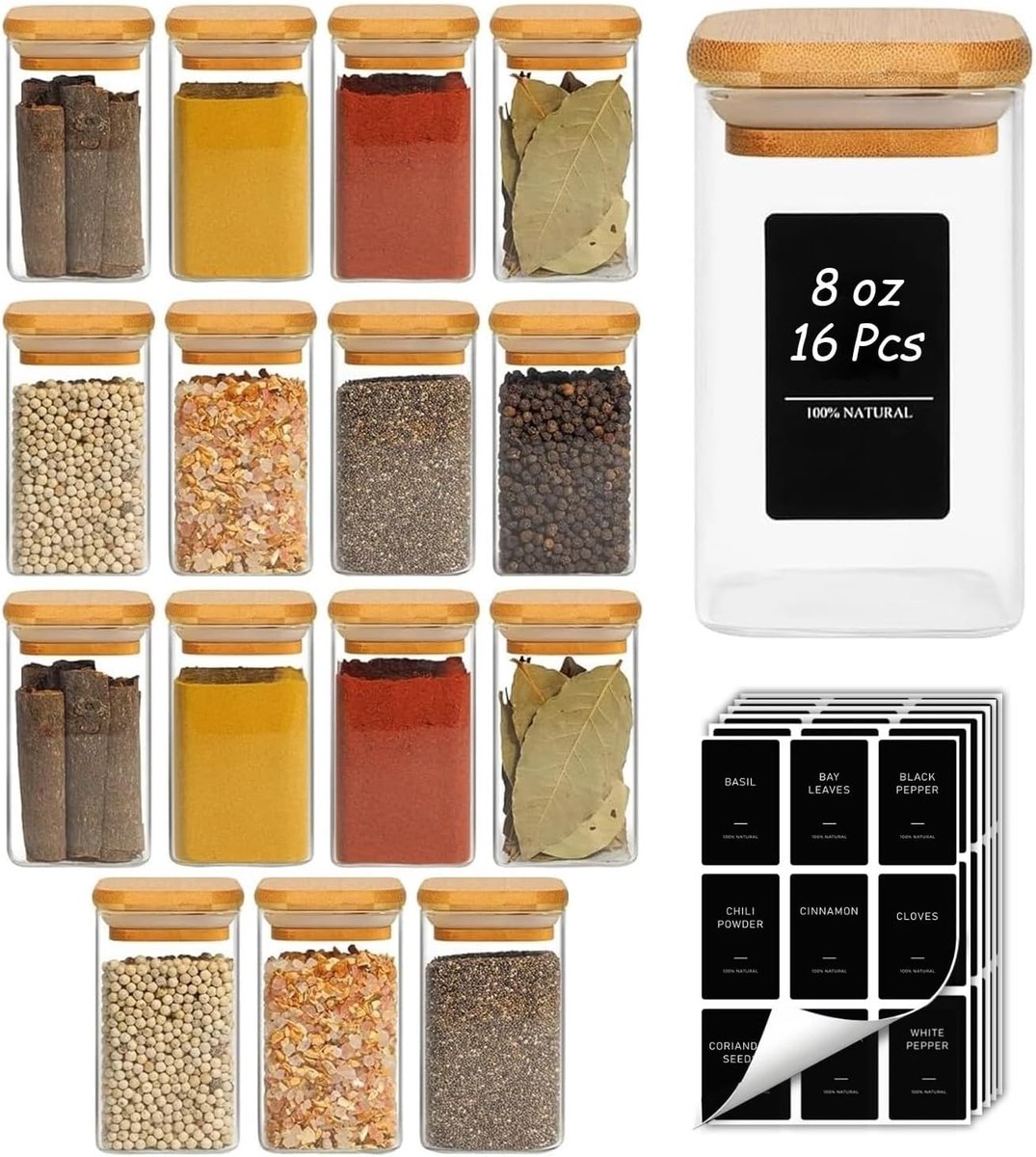Thijox - Glazen Voorraadpotten Set van 16, 240ml, Vierkante Glazen Potten met Deksel voor Keukenopberging, Ideaal voor Kruiden, Specerijen, Zeezout en