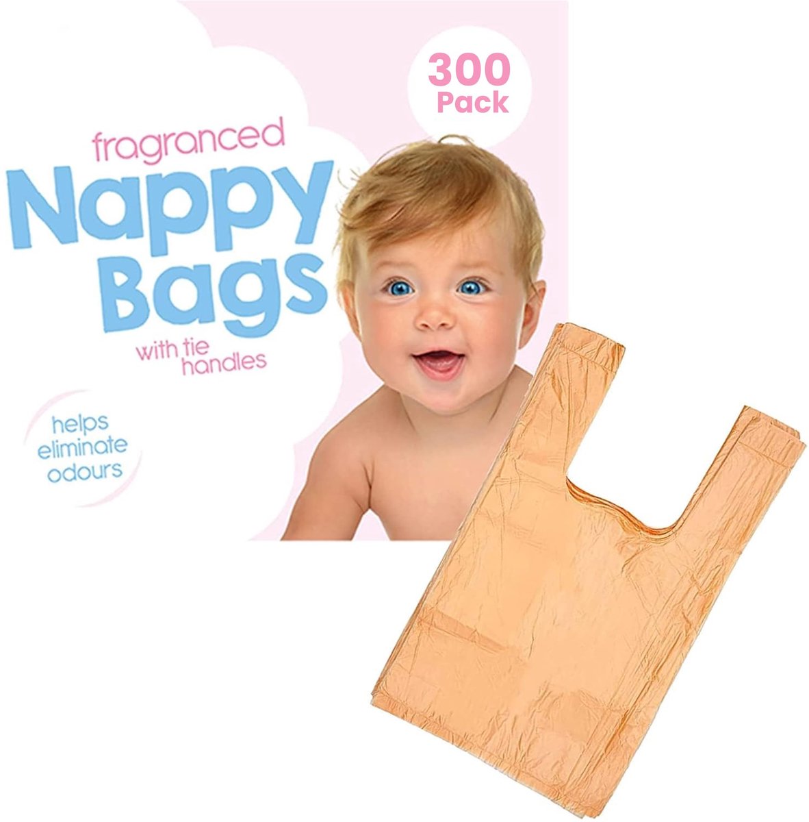 SnelShoppen - Geurende babyluierzakjes met stropdashandgrepen, antibacterieel, wegwerpluierzakken, 300 stuks, ideaal voor onderweg, reizen, en babyver