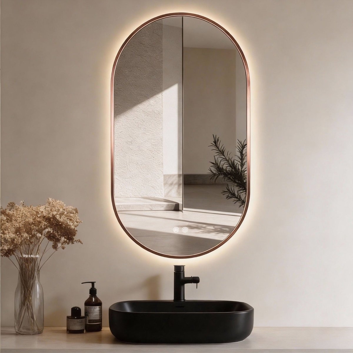 H&F LED Spiegel Ovaal 50x100 cm met Koperen Rand – Badkamerspiegel met Anticondens, Dimbaar & Instelbare Lichtkleur