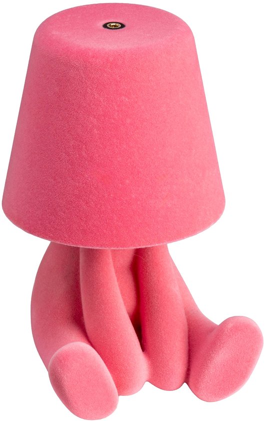 Lampe velours rose en forme de personnage assis avec un abat-jour.